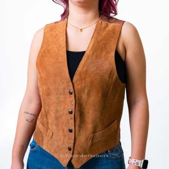 Vintage Western Cowhide Leather & Silk Paisley Print Vest - Picture 7 of 12